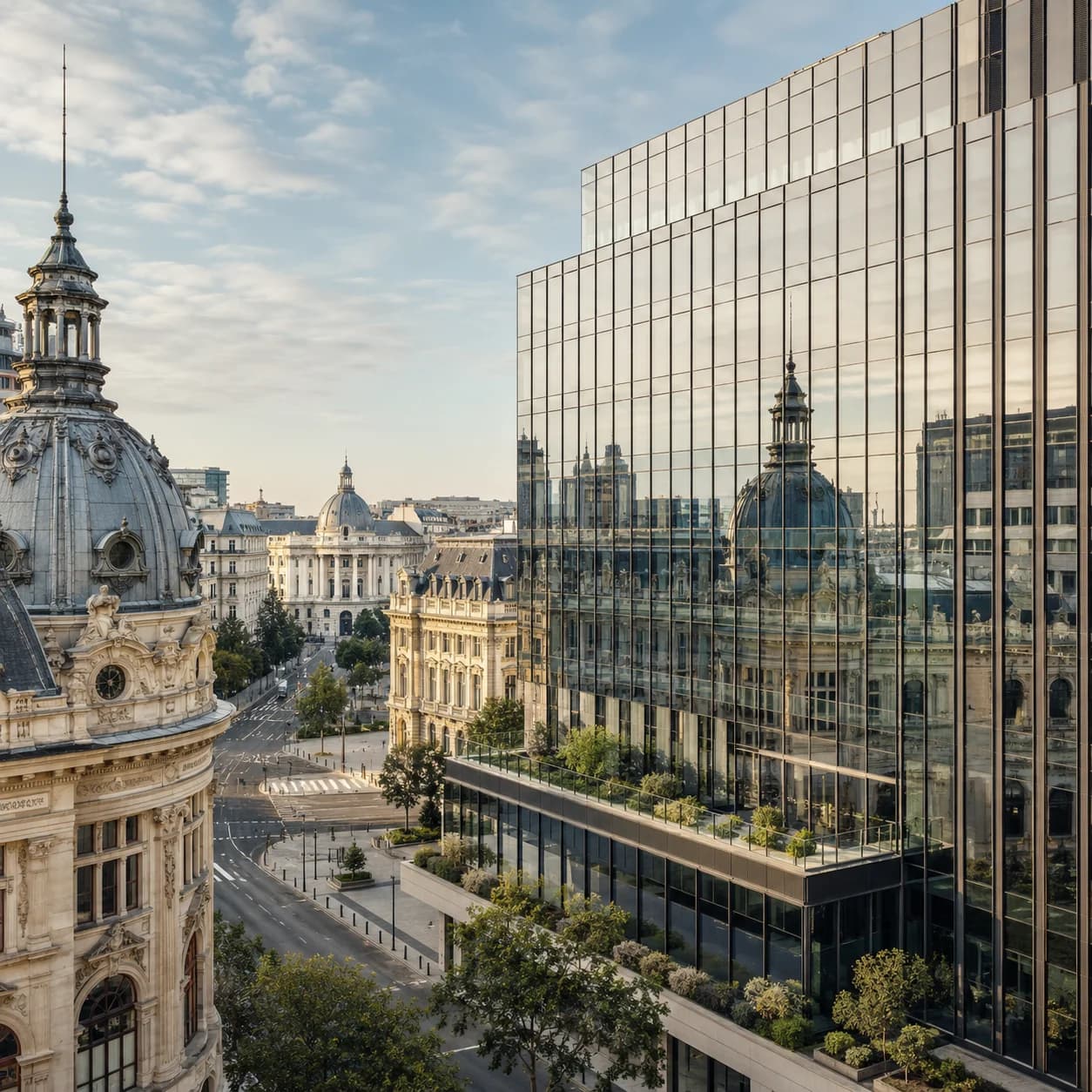 Clădire de birouri modernă alături de arhitectura istorică a orașului